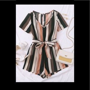Keyhole Back Self Belt Striped Romper